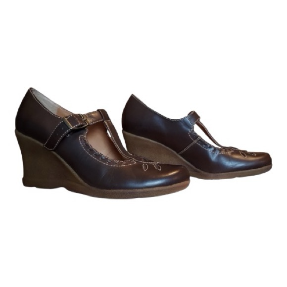 Vintage 90s SM New York Brown Retro Cottagecore T-Strap Wedge Heel Shoes 8 - Picture 4 of 10